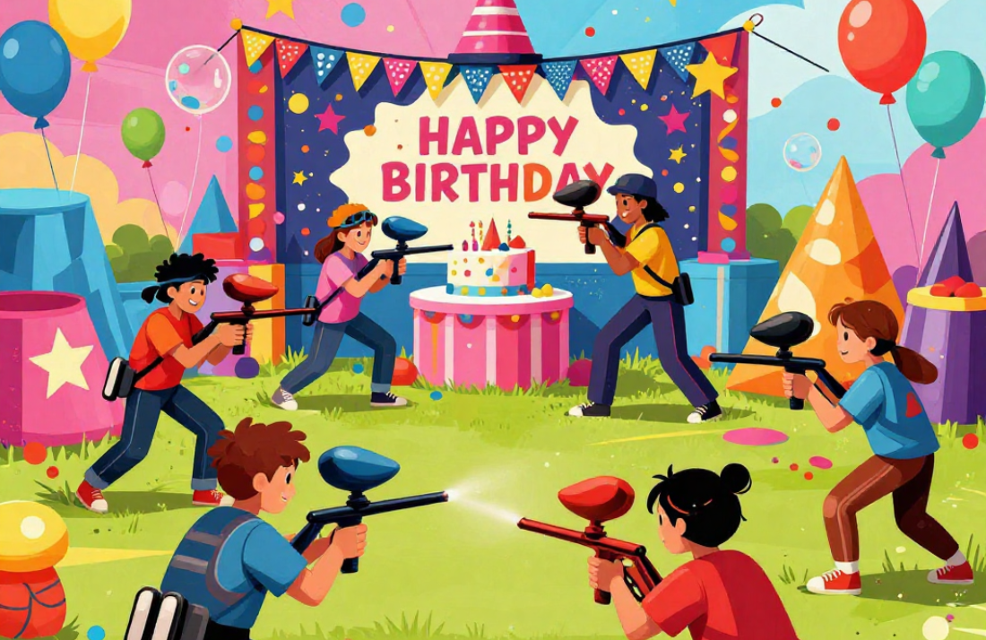 children having fun a paintball birthday party at American Paintball Coliseum in Denver, Co