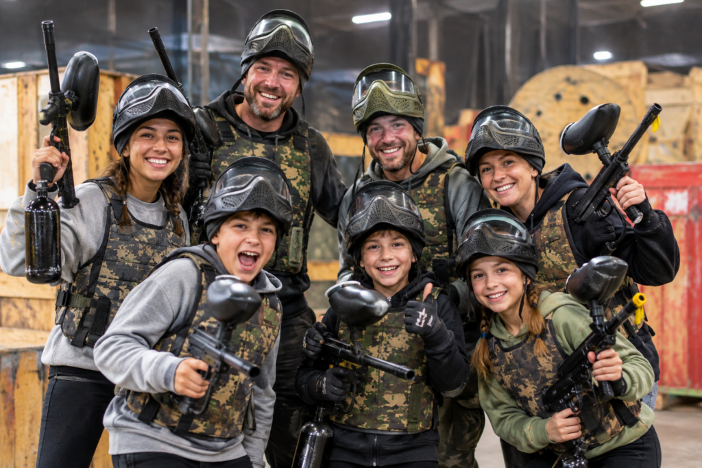 Military families enjoying indoor paintball group activities in Colorado Springs, wearing protective gear and posing together after a fun day of play.